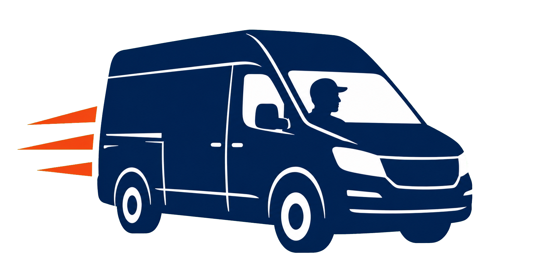 Navy high-roof cargo van with a driver, matching The Right Man and a Van logo